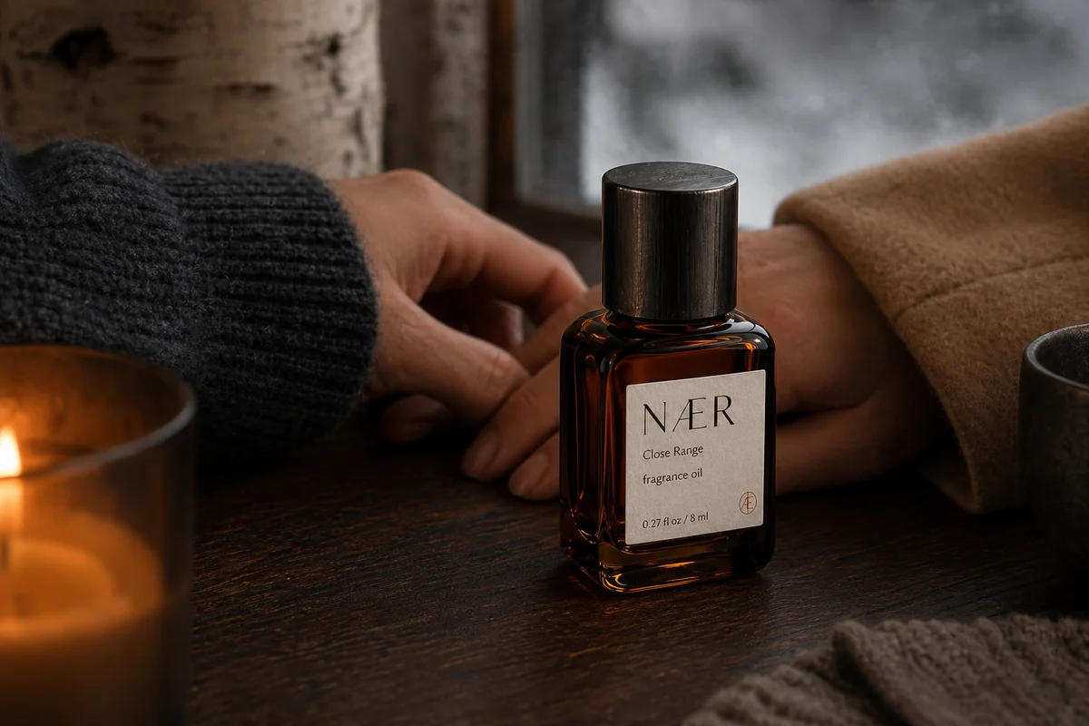 NÆR bottle on dark oak between two hands near a frosted winter window