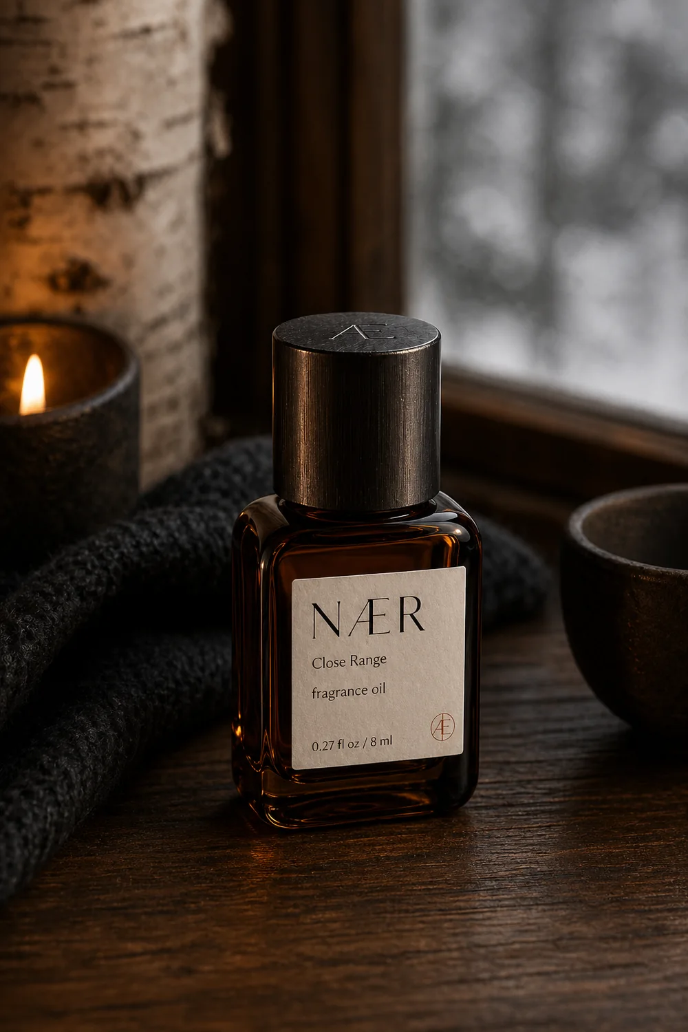 NÆR Close Range fragrance oil bottle on wool and dark oak